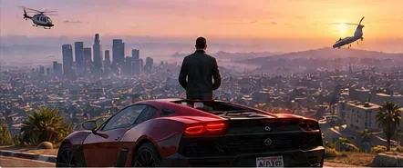 Carro esportivo com vista para o horizonte de uma cidade fictícia enquanto helicópteros cruzam o pôr do sol.
