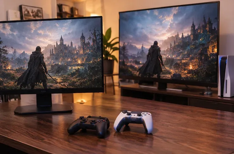 Duas telas representando um viajante encapuzado de um conto de fadas, com controles de videogame em preto e branco sobre uma mesa.
