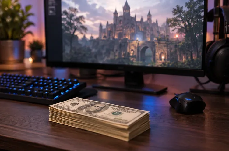 Uma mesa de jogos com teclado, mouse, monitor exibindo um castelo de fantasia e uma pilha de notas de dólar.