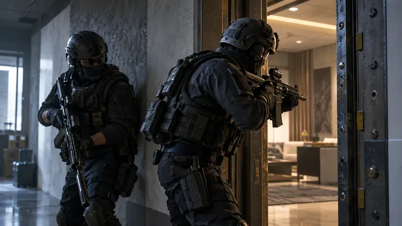 Two tactical operators in dark gear work together at a doorway inside a modern building.