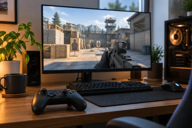 A game controller sits in front of a PC monitor displaying a softly blurred tactical training range.