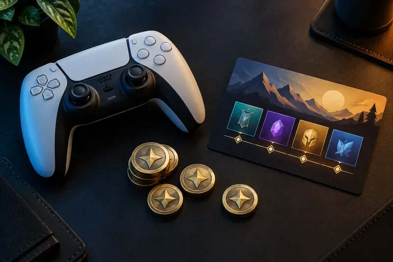 A light-colored controller, metallic tokens, and a reward card with colorful tiles rest on a dark desk.