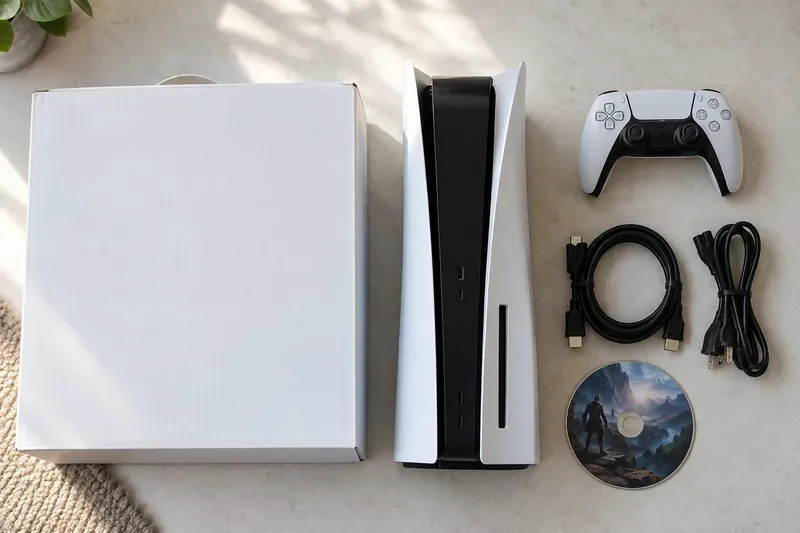 เครื่องเล่นเกม PS5 มือสอง, จอยควบคุม, สาย HDMI, สายไฟ, แผ่นเกม และกล่อง วางเรียงอยู่บนโต๊ะ