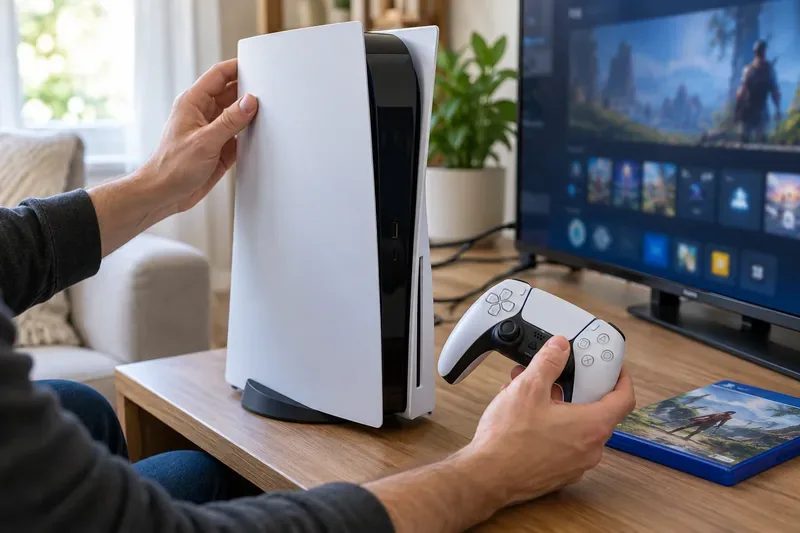 Um comprador examina um console PS5 branco e um controle DualSense enquanto o console está conectado a uma televisão.