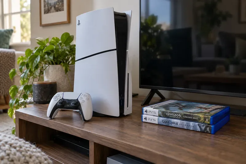 Console PlayStation 5 branco e controle DualSense ao lado de caixas de jogos físicas em um suporte para eletrônicos.