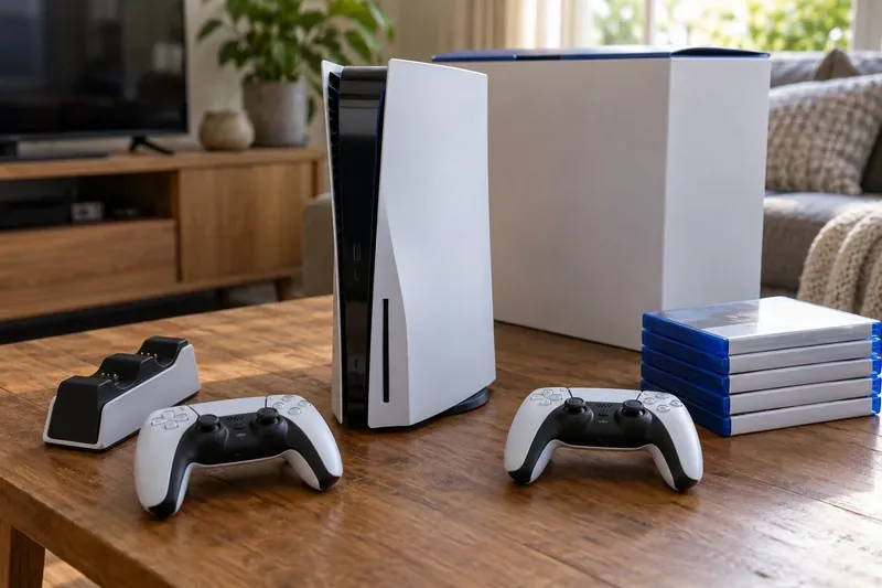 Console PS5 branco usado com dois controles, base de carregamento, caixa original e caixas de jogos.