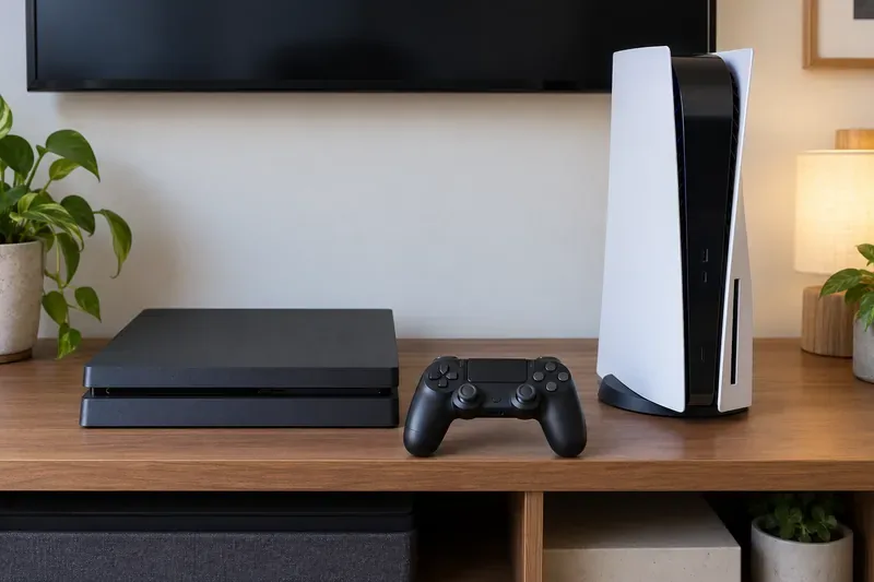 A black PS4-style console and a white-and-black PS5-style console arranged with a controller between them.