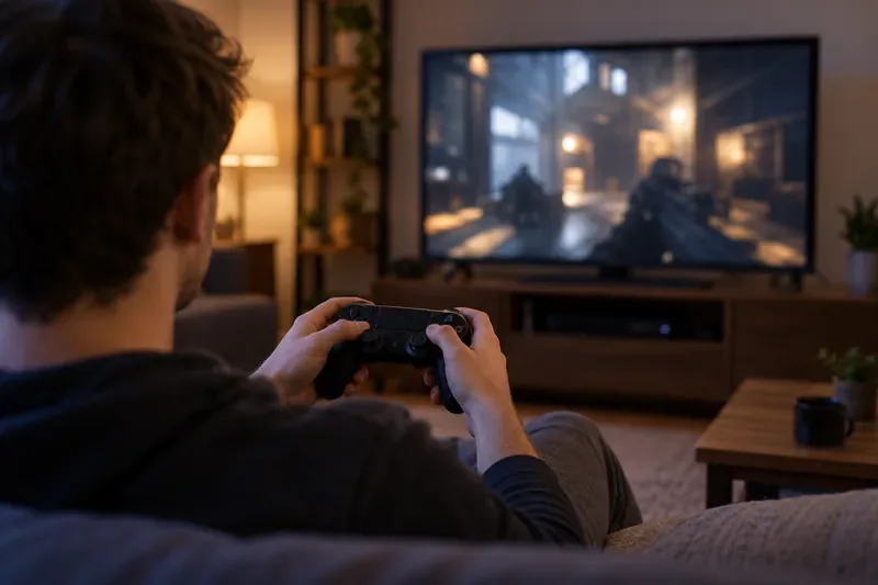 A seated player holding a controller toward a softly blurred television in a living room.