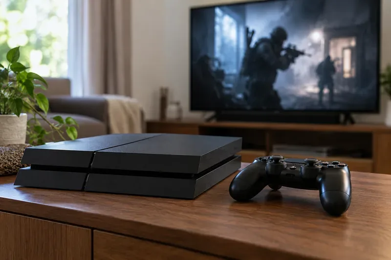 A black PS4-style console and wireless controller on a media table, with a softly blurred television in the background.