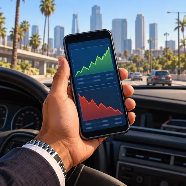 Een hand houdt een telefoon vast waarop aparte grafieken van stijgende en dalende aandelenkoersen te zien zijn, tegen een zonnige stadsgezicht op de achtergrond.
