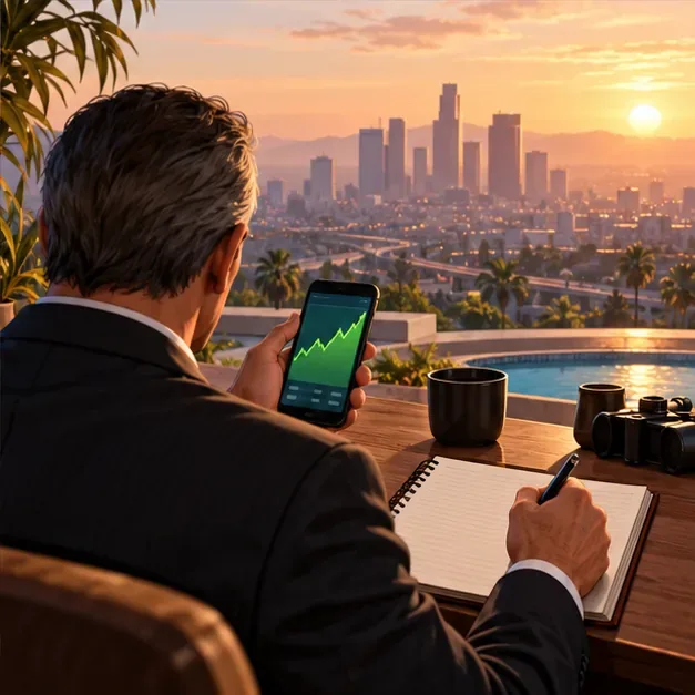 Een man in pak bekijkt een stijgende aandelengrafiek op zijn telefoon en schrijft in een notitieboekje terwijl hij uitkijkt over een stad bij zonsondergang.