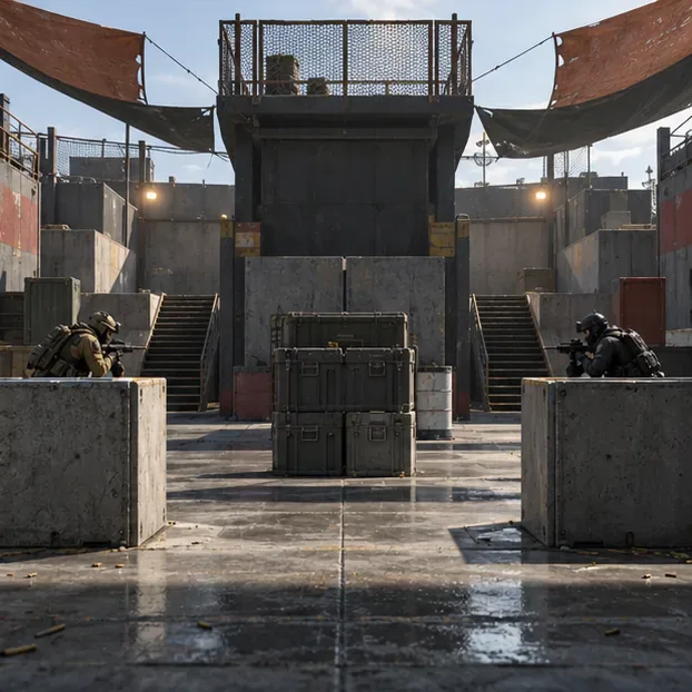 Two operators hold mirrored low-cover positions on opposite sides of a compact arena