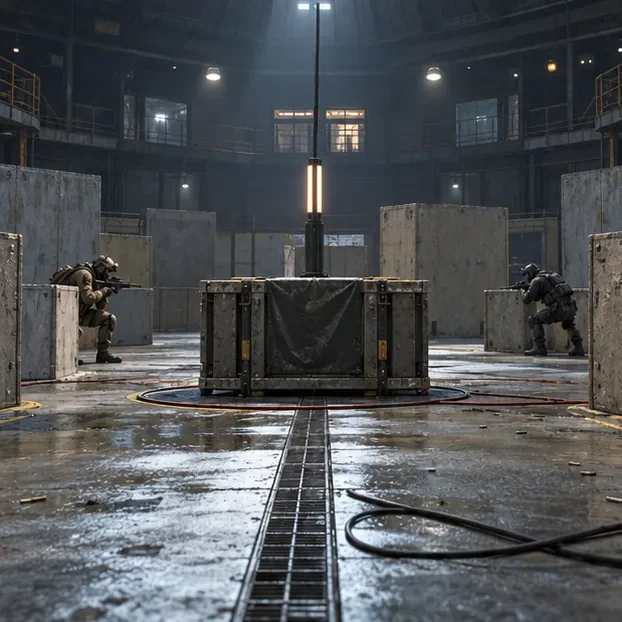 Two operators use separate cover positions around a central structure in a compact industrial arena