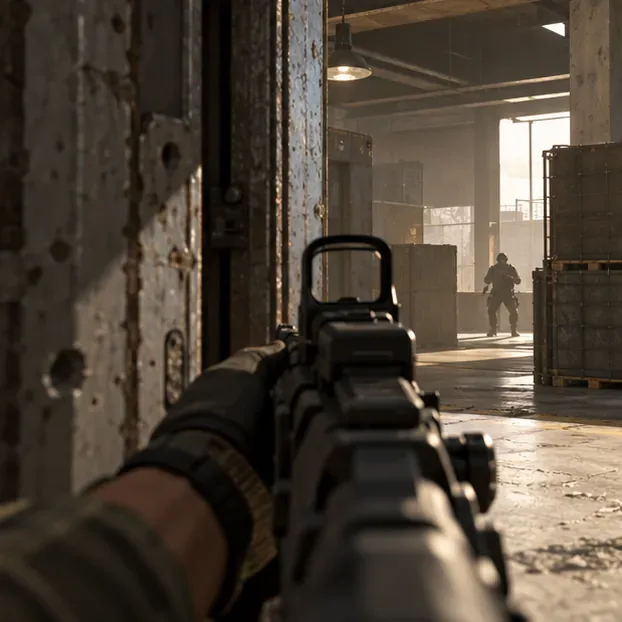 First-person view aiming from behind a doorway toward an opponent across a room