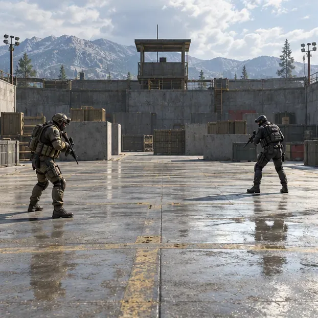 Two armored players stand across an open training courtyard before a one-on-one duel