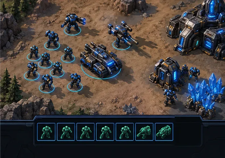Conceptual real-time strategy battlefield with a group of units shown together in the selection panel