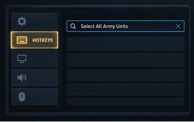 Hotkeys settings concept with Select All Army Units entered in the search field