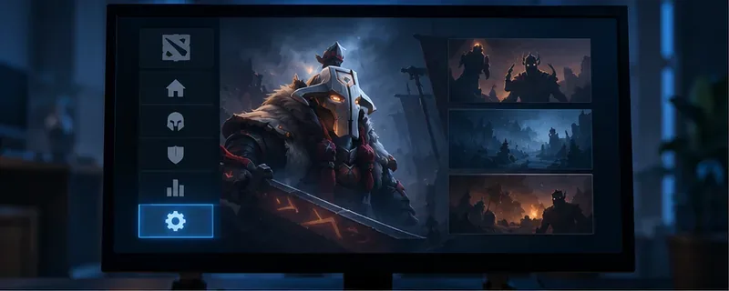 Menu principal do Dota 2 em um monitor com o ícone de configurações destacado no canto inferior esquerdo.