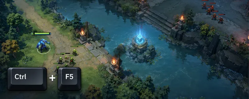 Visão do mapa do Dota 2 sobre o rio e a rota, com as teclas Ctrl e F5 indicando o atalho para salvar.