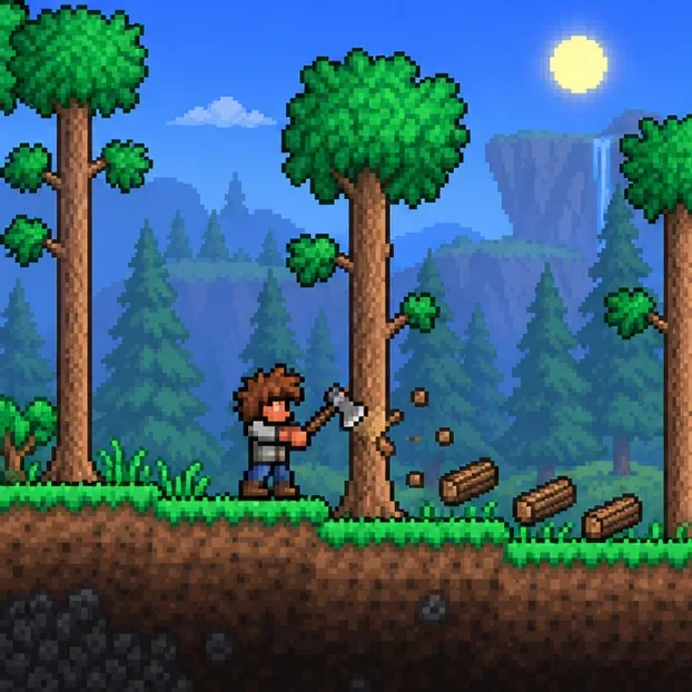 A pixel-art character chops a tree beside fallen wood in a grassy sandbox world.