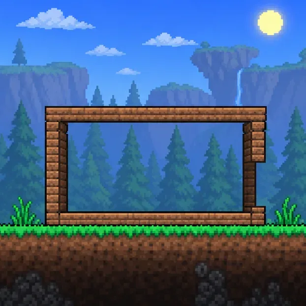 An empty wooden block frame stands on grass with an opening reserved for a door.