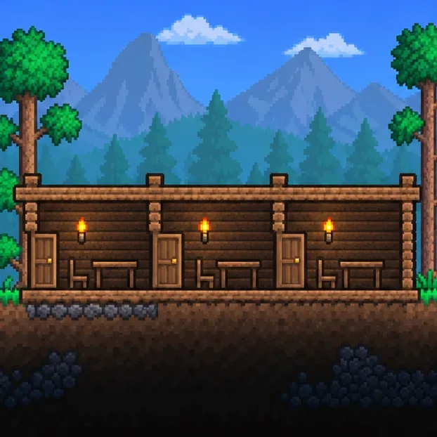 Three compact wooden NPC rooms sit side by side, each with a torch, table, chair, and door.
