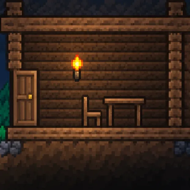 A torch, wooden chair, and Work Bench are arranged inside a wooden room.