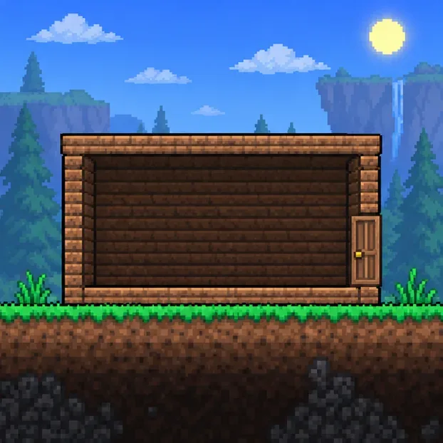A wooden door fills the side opening in a simple wooden house.