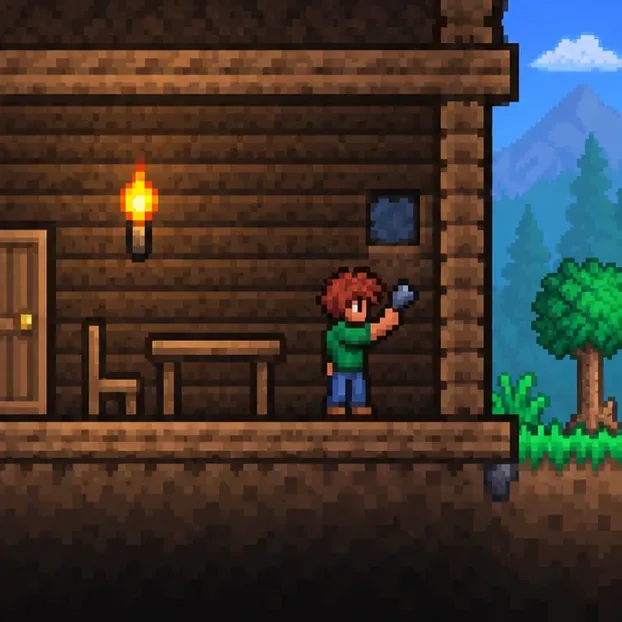 One blue tile-sized gap interrupts the wooden background wall while a character inspects it.