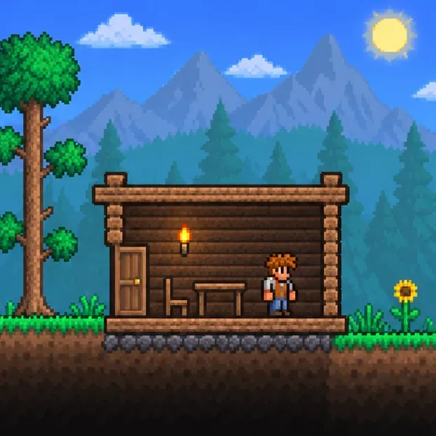 A small character stands in a furnished wooden house with a door and torch.