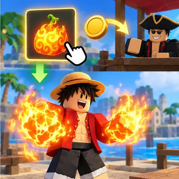 A selected fruit icon points toward a character whose hands glow with that fruit power.