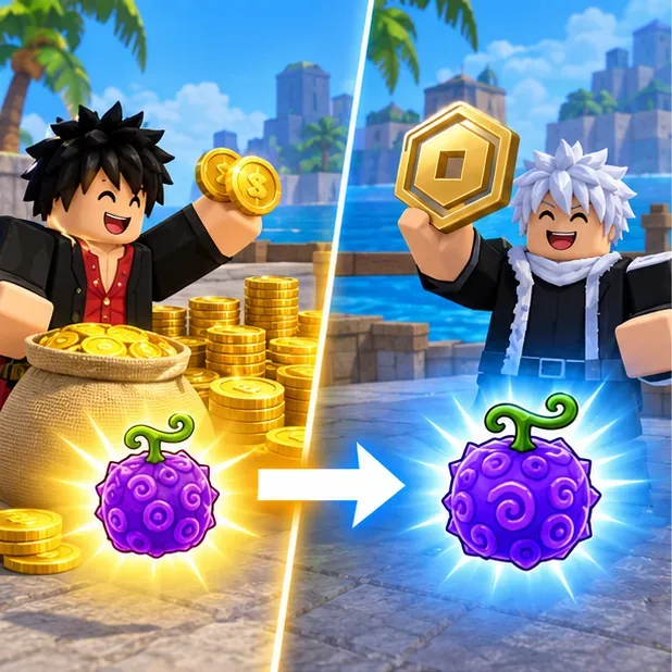 Two players compare a Beli coin purchase and a Robux-style permanent fruit unlock.