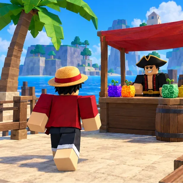 A blocky pirate avatar approaches a fruit dealer stall on a tropical starter island.