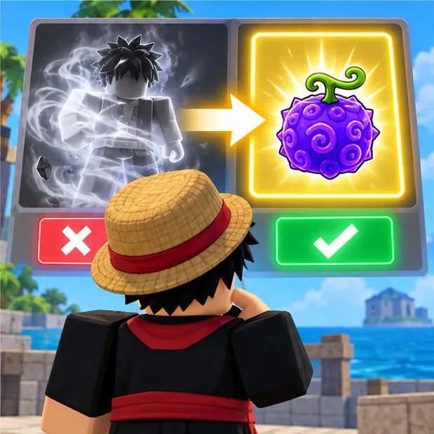 A player pauses at a confirmation panel before replacing an existing fruit power with a selected one.