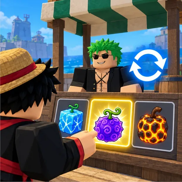 A player selects a fruit at the dealer beside a circular arrow icon representing re-equipping.