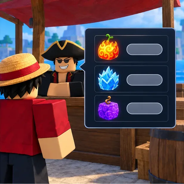 A player interacts with the fruit dealer while a simple panel displays several fruit choices.