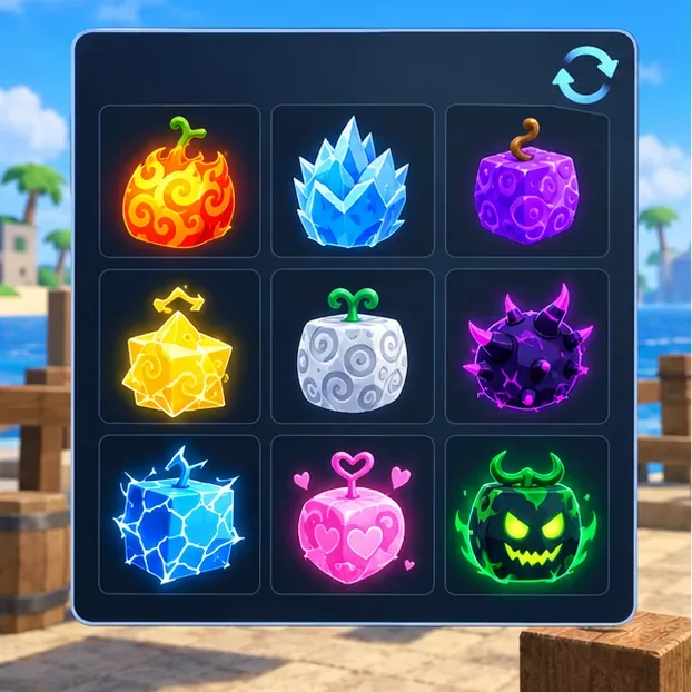 A fruit shop grid shows several colorful fruit icons beside a circular refresh symbol.