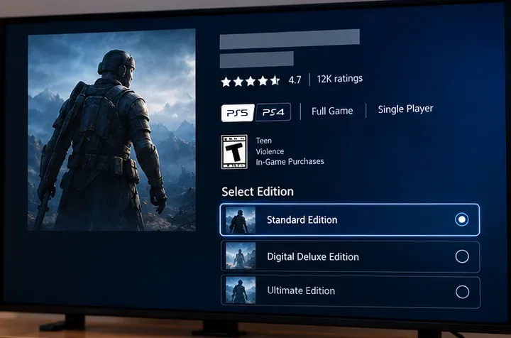 Tela com detalhes do jogo, incluindo as etiquetas PS5 e PS4 e três opções de edição: Standard, Digital Deluxe e Ultimate.