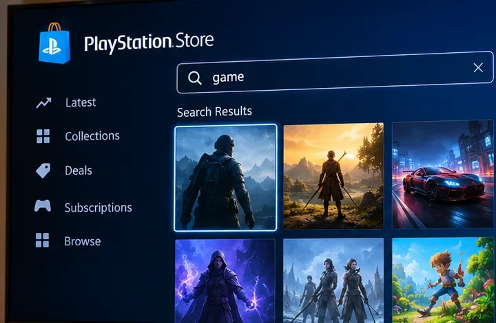 Tela de busca da PlayStation Store com uma caixa de pesquisa e várias miniaturas de jogos organizadas em linhas.