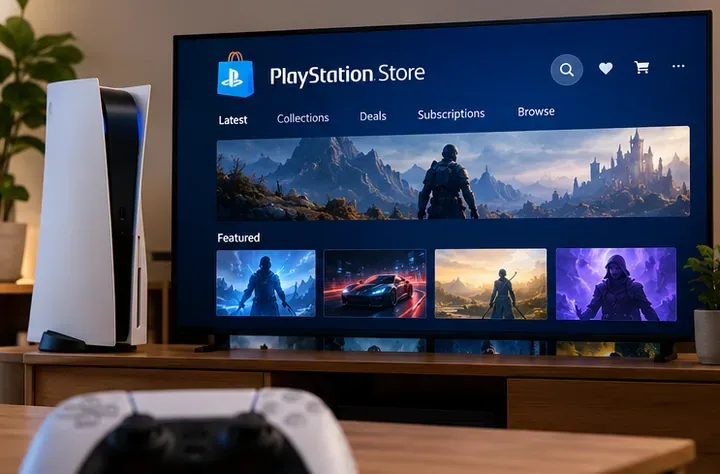 Console PS5 ao lado de uma TV exibindo uma tela de navegação da PlayStation Store com ícones de jogos em destaque e opções de navegação na loja.