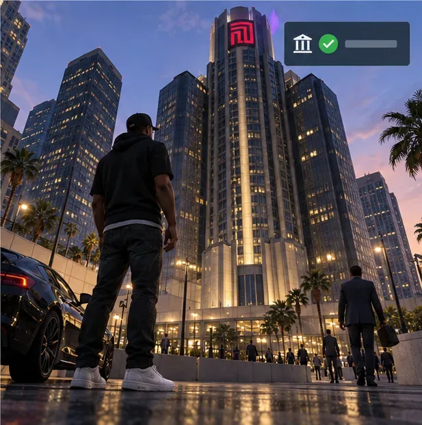 A player standing outside a tall Maze Bank-style building beside a small deposit confirmation icon.