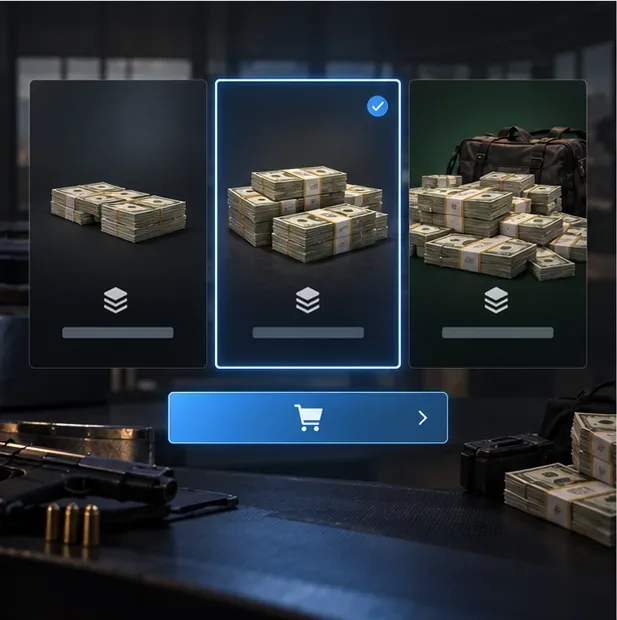 Three cash bundle cards on a dark storefront, with the center card selected and a checkout button below.