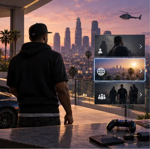A player looking over the Los Santos skyline with an online mode tile highlighted in an illustrative game menu.