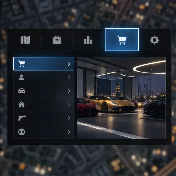 A dark game pause menu with a shopping cart Store icon highlighted above a vehicle showroom.