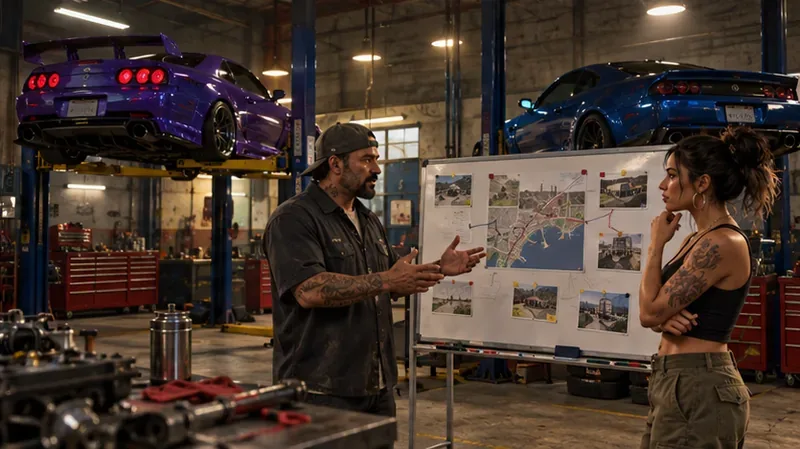 Dois personagens discutem um quadro de planejamento dentro de uma oficina mecânica em funcionamento, com carros suspensos em elevadores.