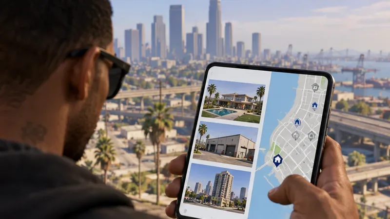 Um jogador visualiza miniaturas de propriedades e marcadores de mapa em um celular, tendo como pano de fundo o horizonte de Los Santos.