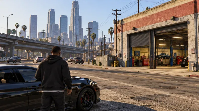 Um jogador está ao lado de um carro do lado de fora de uma garagem industrial perto de uma rodovia em Los Santos.