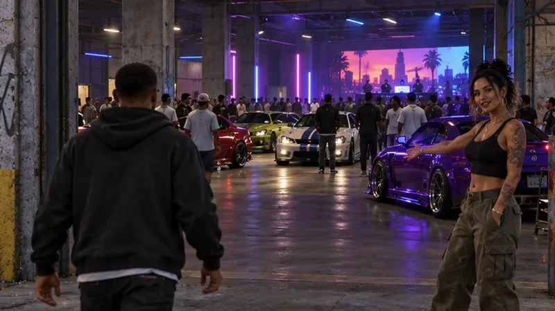 O personagem do jogador entra em um encontro lotado de carros tunados enquanto um anfitrião está ao lado de veículos personalizados.