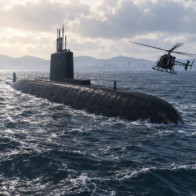 Un submarin întunecat navighează pe apă deschisă, în timp ce un elicopter compact se apropie în lumina zilei.