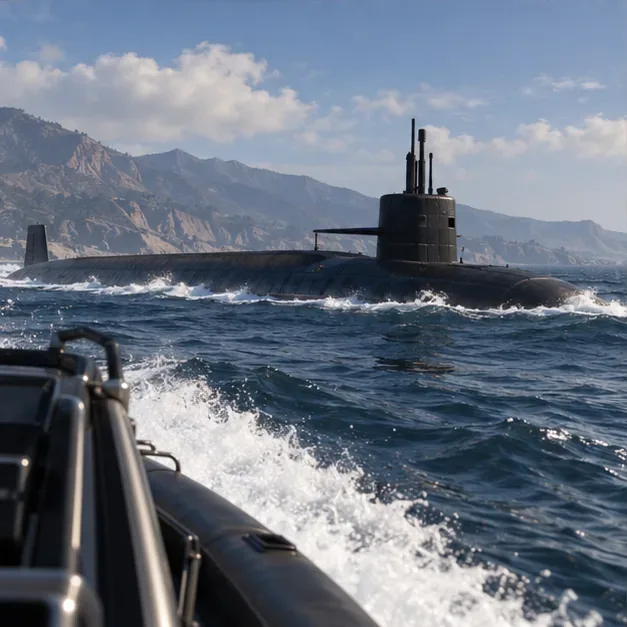 Un submarin militar întunecat se mișcă prin apele agitate de pe o coastă accidentată, văzut dintr-o barcă mică.